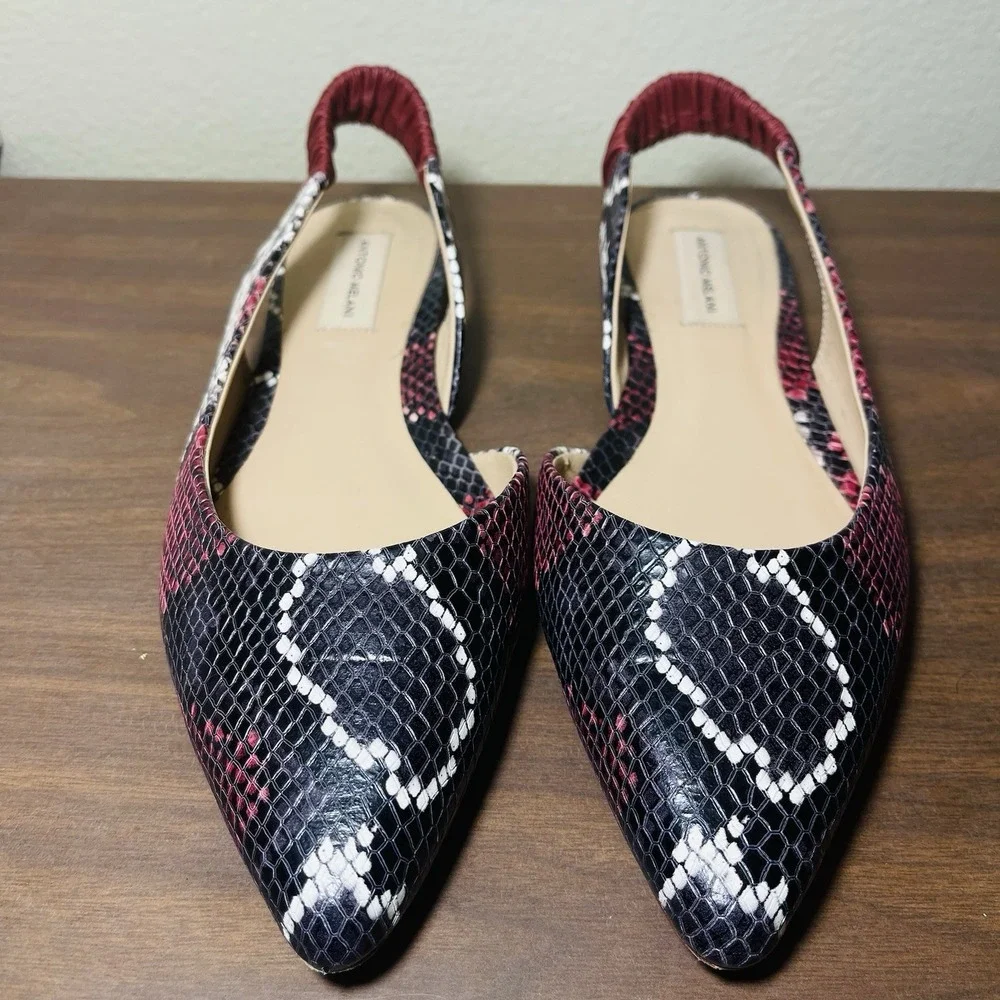 Antonio Melani Radyn Leather‎ Snake Print  Sling Back Flats Burgundy Black Sz 10